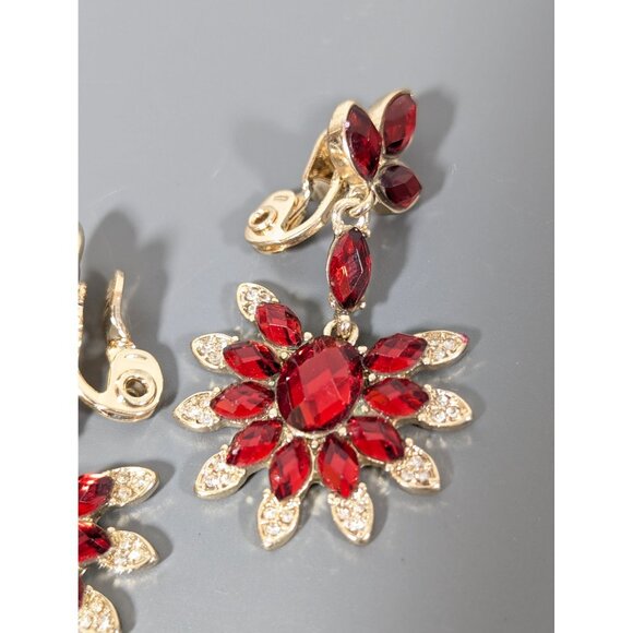 Napier Retro Red Crystal Flower Fan Dangle Clip On Earrings Evening Glam - Picture 3 of 7
